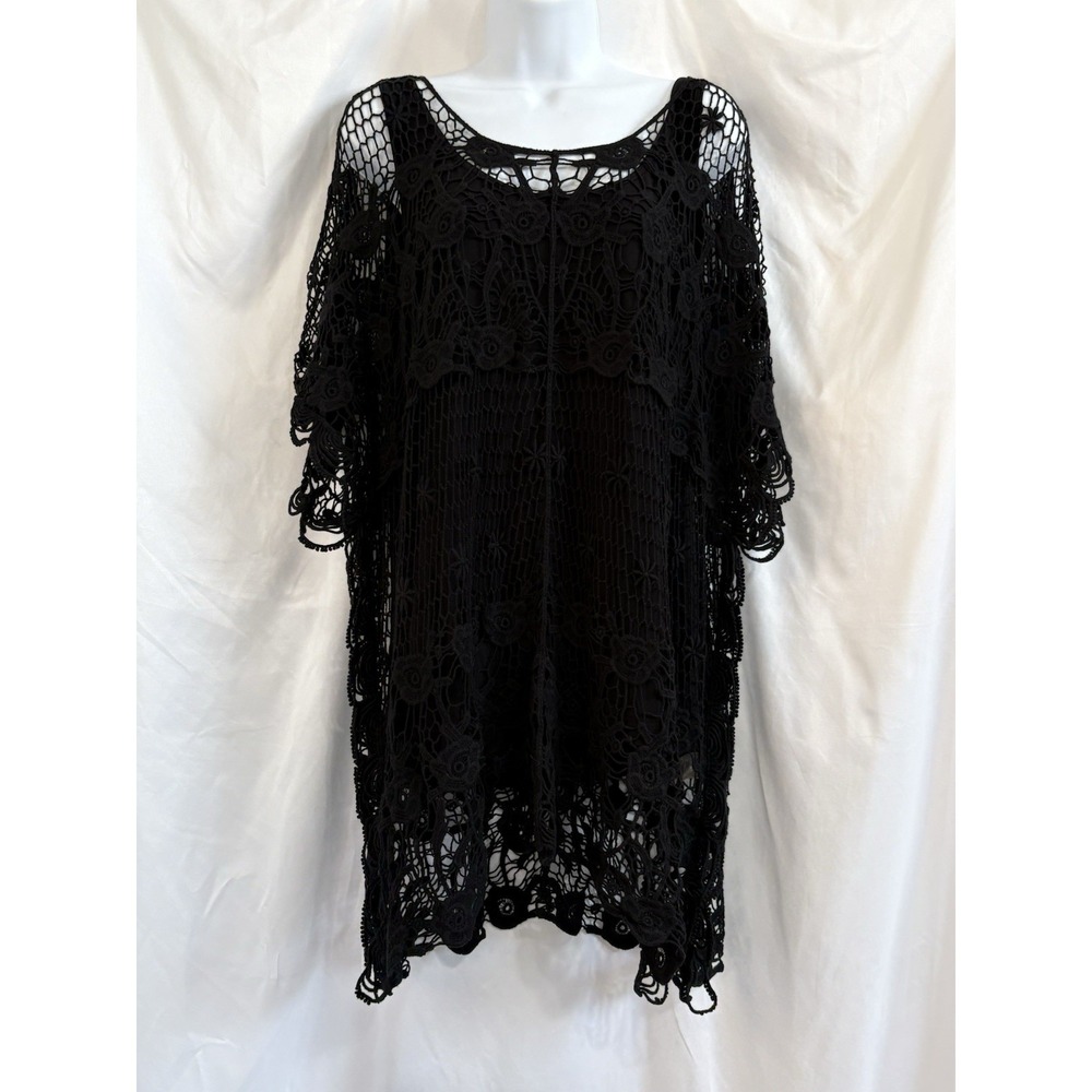 Soft Surroundings "Supreme Soutache" Black Crochet Floral Tunic Top Overlay